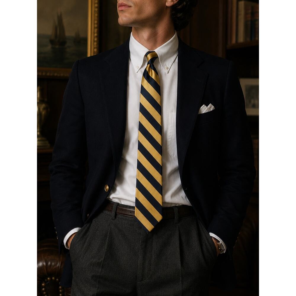 Tommy Hilfiger Vintage Silk Tie Navy Gold Stripe Old Money Ivy Prep 3.5” Wide